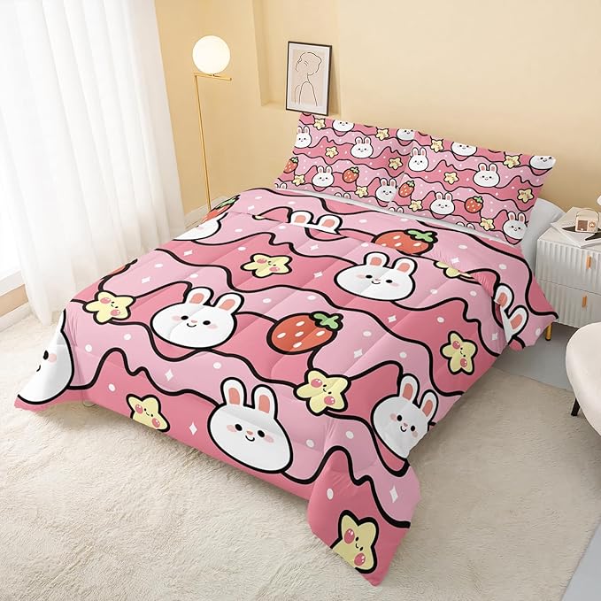 Kawaii Rabbit Comforter,Strawberry Rabbit Comforter Set for Kids Teens Girls,3Pcs Bedding Set Printed Comforter with 2 Pillowcases,Down Alternative,Soft and Lightweight(Pink，King Size)