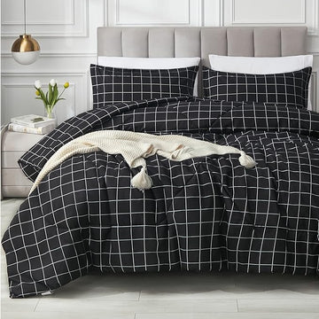 Andency Black Grid Comforter Set King Size (104x90 Inch), 3 Pieces(1 Grid Comforter and 2 Pillowcases), Summer Lightweight Microfiber Down Alternative Black Comforter with White Lines