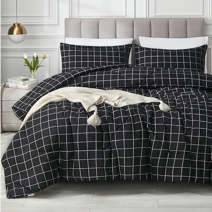 Andency Black Grid Comforter Set Full Size (79x90 Inch), 3 Pieces(1 Grid Comforter and 2 Pillowcases), Summer Lightweight Microfiber Down Alternative Black Comforter with White Lines
