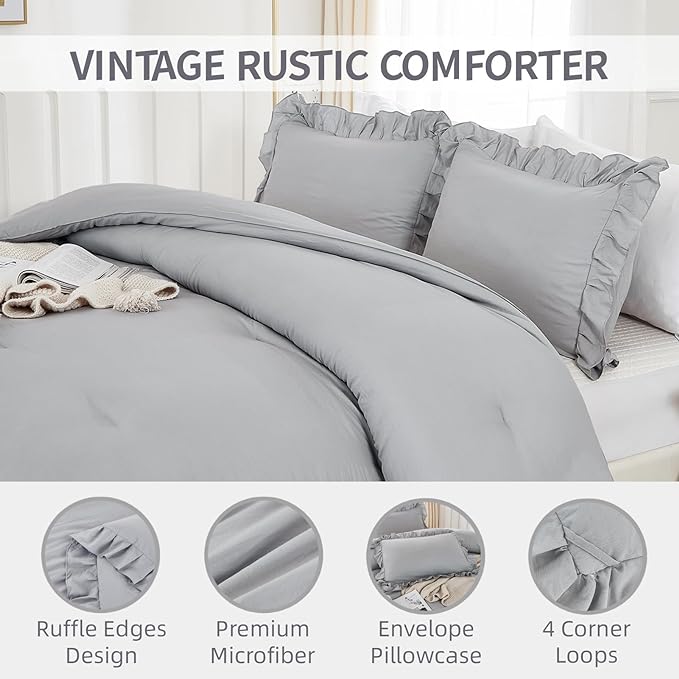 Andency Silver Gray Twin Size Comforter, 2 Pieces Farmhouse Classic Chic Ruffle Comforter for Kids, Lighteweight Soft Microfiber Bedding Set for Girls(1 Ruffle Comforter and 1 Pillowcase)