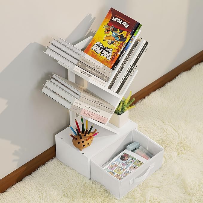 Small Bookshelf with Drawer,4 Tier Tree Book Shelf,Wood Desk Bookshelves,Modern Free Standing Desktop Display Shelves,White Floor Standing Organizer Bookcase for Living Room,Bedroom,Office
