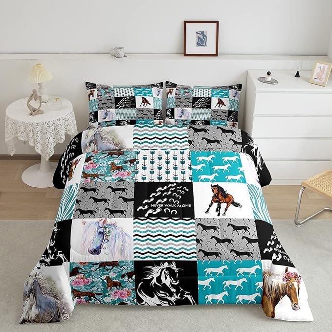 Kawaii Western Bedding,Cute Horse Queen Size Comforter Set For Teen Boys Girls,Rustic Farm Animal Bedding Set Cowboy Cowgirl Boho Comforter Arrow Rose Flower Horseshoe Quilt Set 2 Pillowcases Teal