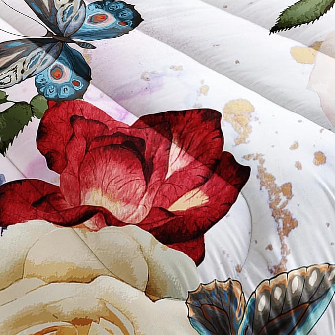 Butterfly Comforter Set for Girls Kids Adults Watercolor Butterfly Rose Bedding Set Aesthetics Butterflies Quilt Duvet Set Twin Size with 1 Comforter and 2 Pillowcases