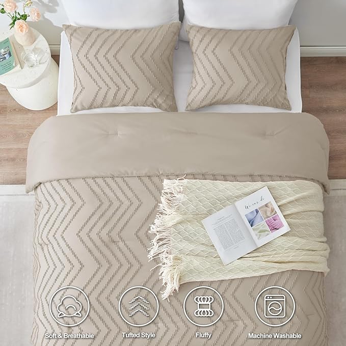 CozyLux King Size Comforter Set Beige - 3 Pieces Boho Tufted Shabby Chic Bedding Comforter Set for All Seasons, Chevron Bedding Sets with Comforter & 2 Pillow Shams