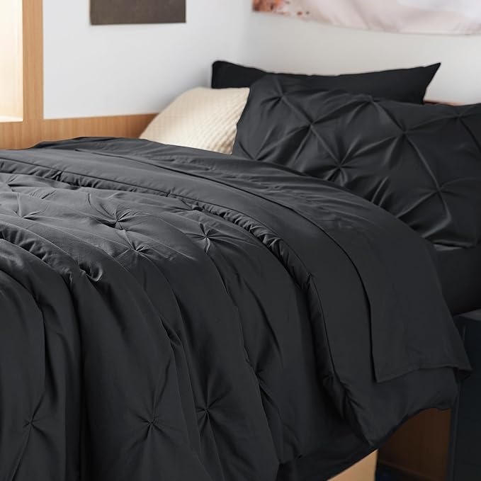Bedsure Twin XL Comforter Set - Extra Long 5 Pieces Dorm Bedding Sets, Black Bed in a Bag with Comforters, Sheets & Skirt, Pillowcase & Sham