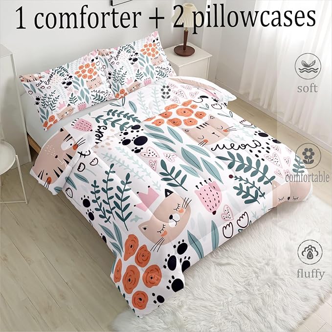 CVHOUSE Cat Bedding,Cartoon Cat Comforter King,Animals Print Comforter Set for Kids,Kawaii Quilt Set with 1 Comforter and 2 Pillow Cases