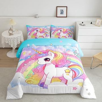 Manfei Cute Unicorn Kids Comforter Set King Size,Rainbow Stars Cloud Dreamy Bedding Set,Girls Women Room Decor,Cartoon Animals Castle Girly Down Comforter,Pink Blue Unique Duvet Insert,2 Pillowcases