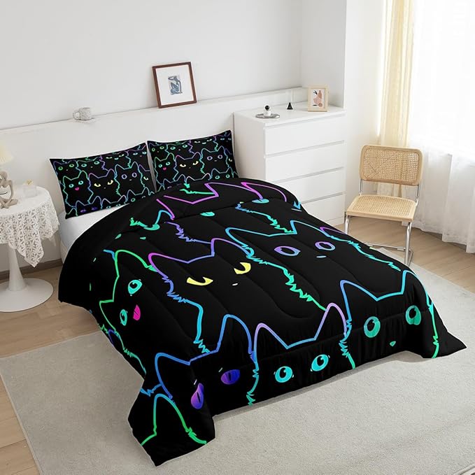 Erosebridal Full Size Bedding Set for Girls Cartoon Cat Comforter Set,Gradient Line Cute Cat Bed Sets for Kids Boys Girls Women Room Decor,Lovely Animal Kitten Print Comforter Soft,Rainbow Black