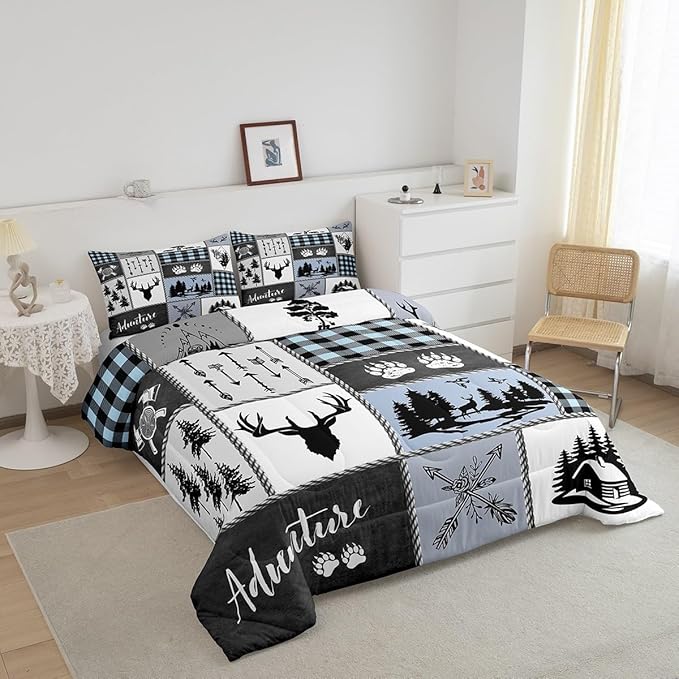 Deer Bear Kids Comforter Set King Size,Hunting Adventure Rustic Farmhouse Bedding Set for Boys Girls Adults Room Decor,Geometric Plaid Patchwork Down Comforter,Blue Xmas Duvet Insert,2 Pillowcases