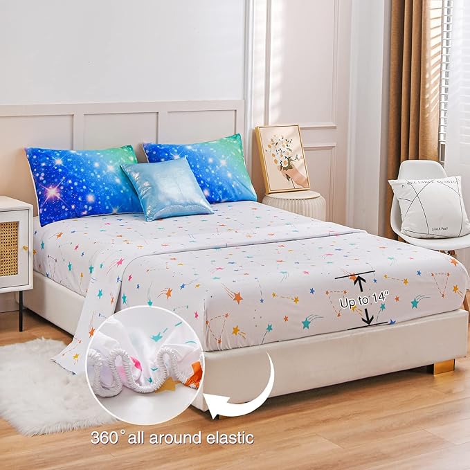 A Nice Night 6Pcs Gradient Glitter Bedding Set for Girls, Colorful Rainbow Galaxy Comforter Set, Ultra Soft Bedding Sets (Blue-Green,Twin 6Pcs)