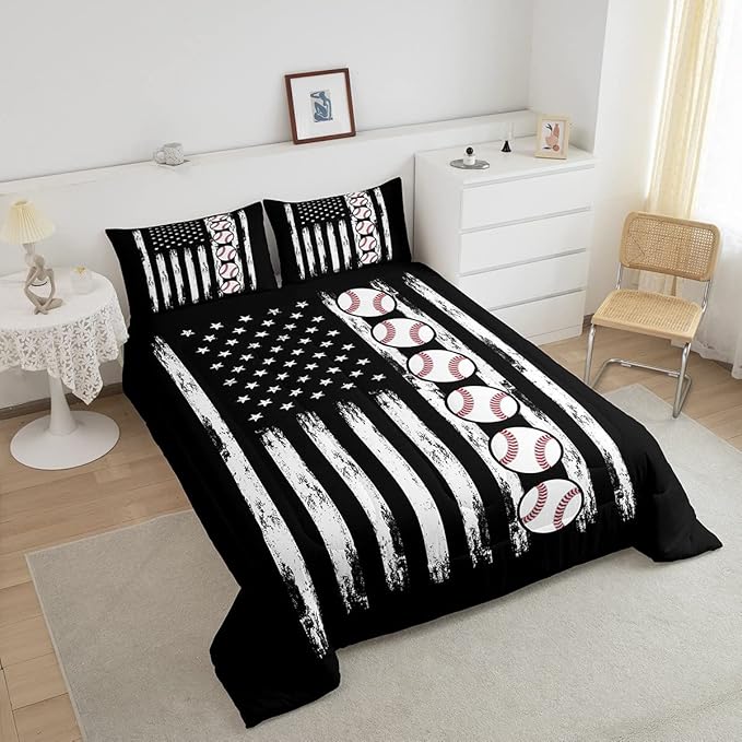 Baseball Comforter American Flag Comforter Set Kids Boys Baseball Sports Games Bedding Set Children Girls Teens Black and White Ball Microfiber Quilt Set Room Decor for All Season Full Size