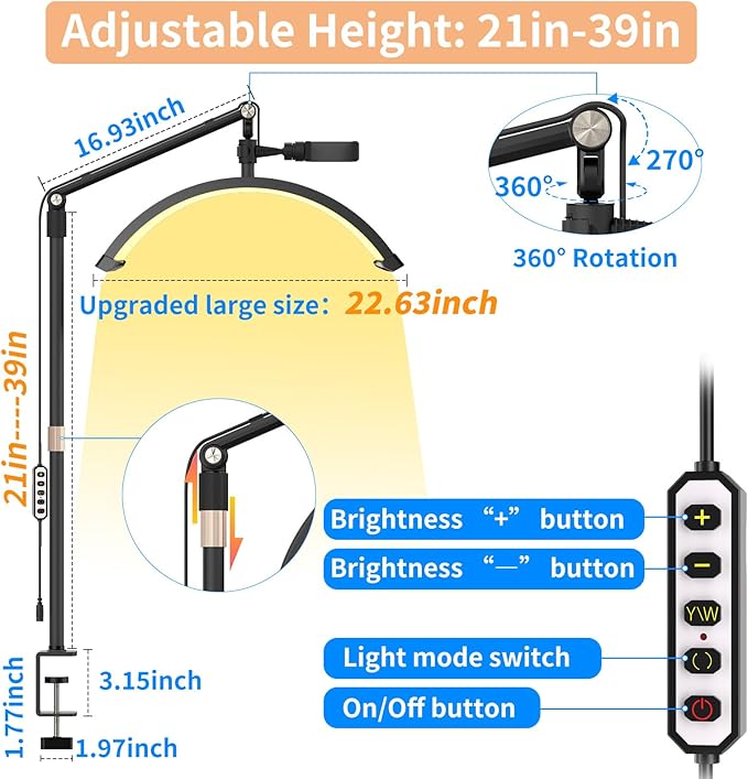 Half Moon Light for Lashes, 22'' Lash Light for Eyelash Tech, Led Half Moon Lash Light Lamp for Eyelash Extensions, Tattoo Artists, Nail Tech, Filming Content Creation