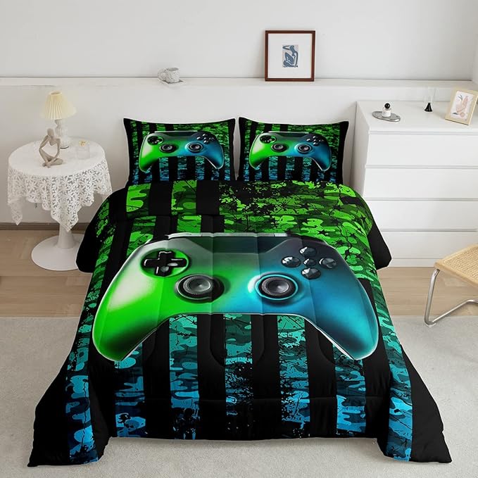 Gamer Bedding Sets for Boys American Flag Comforter Set Twin Size Gaming Comforter Military Camo Retro Down Comforter Kids Game Room Decor Teens Adult Green Blue Gamepad Duvet Set,Black,Warm Soft