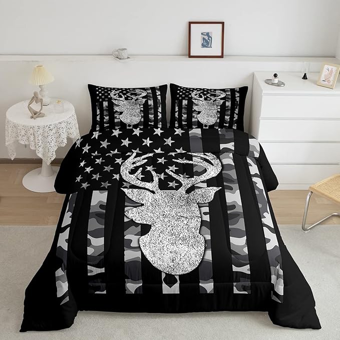 American Flag Bedding Set Deer Camo Comforter Set King for Kids Boys Teen Man,Western Rustic Black Grey Military Camouflage Bedding Comforters Hunting Deer Antlers Quilt Duvet for All Season 3 Pcs