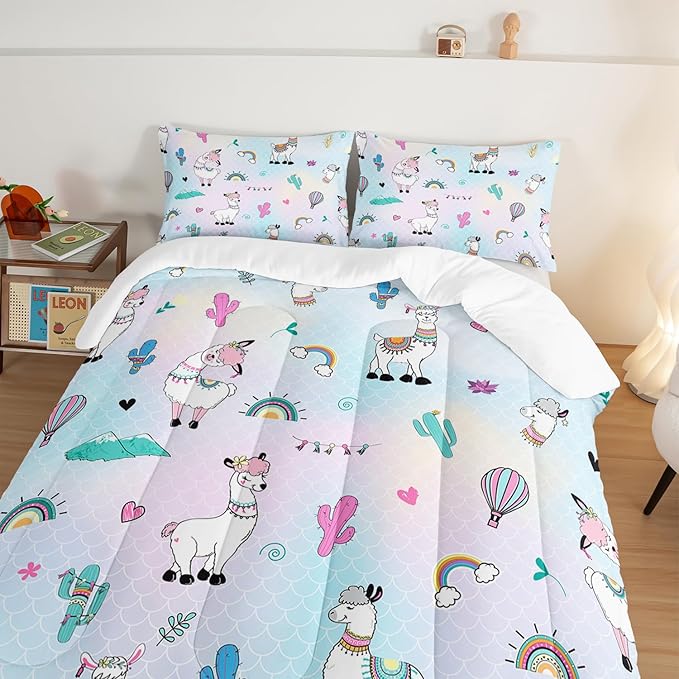 HOSIMA 3 Piece Cartoon Animal Llama Comforter,Cute Alpaca Toddler Comforter,Desert Cactus Plant Twin Bed in a Bag Sets for Adults Kids,Fish Scales Comforter Rainbow Twin Bedding Sets for Girls Boys.