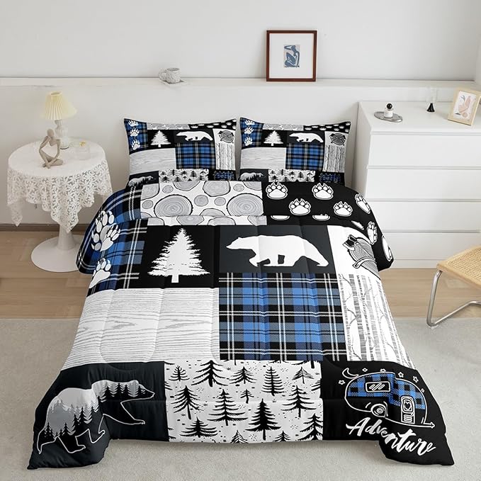 Bear Paws Comforter Set Queen Size,Pine Trees Geometric Plaids Patchwork Bedding Set for Kids Boys Girls Adults Room Decor,Hunting Adventure Down Comforter,Blue Rustic Duvet Insert,2 Pillowcases