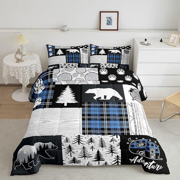 Bear Paws Comforter Set King Size,Pine Trees Geometric Plaids Patchwork Bedding Set for Kids Boys Girls Adults Room Decor,Hunting Adventure Down Comforter,Blue Rustic Duvet Insert,2 Pillowcases