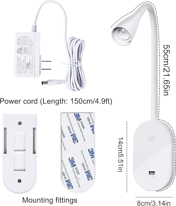 QinYing Reading Lights for Books in Bed, Wall Mounted Book Light for Reading in Bed, USB Charging 5 Dimming Levels Headboard Reading Lamp, Touch Control LED Flexible Gooseneck 4000k Bed Lights, White