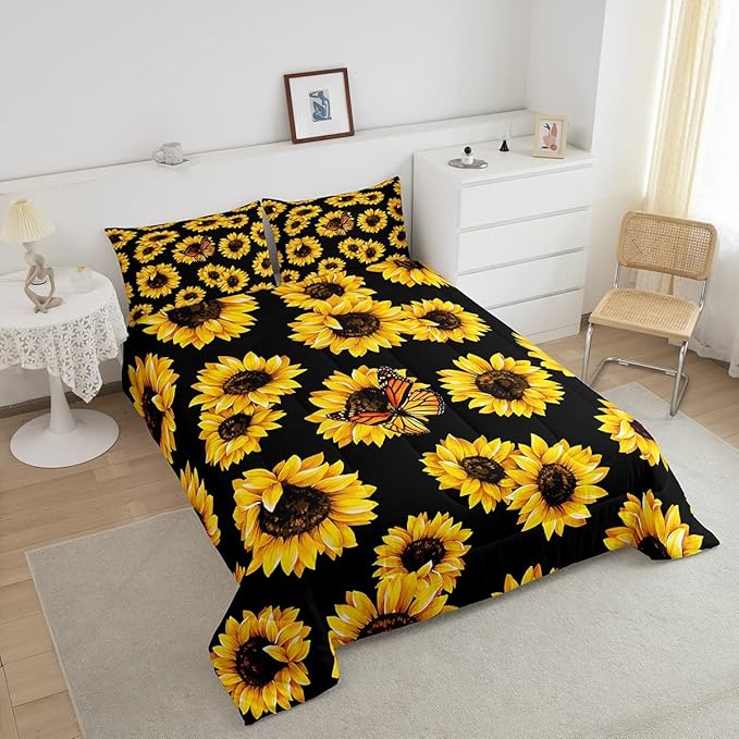 Feelyou Sunflower Bedding Set Girls Yellow Floral Butterfly Comforter Chic Flowers Pattern Comforter Set for Kids Teens Botanical Nature Duvet Set Ultra Soft Room Decor Queen Size…