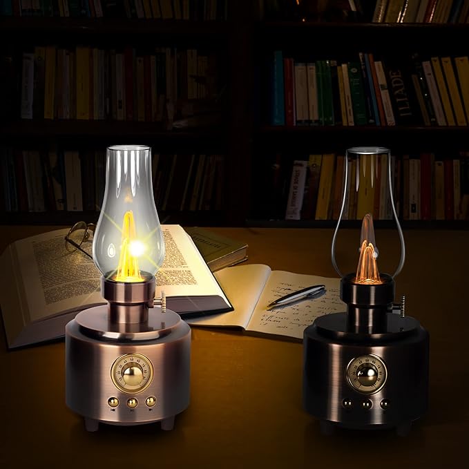 Vintage Table Lamp Retro Bluetooth Speaker Rechargeable Portable Night Light Flameless LED Oil Lamp Bedside Desk Lamp for Bedroom, Cafe, Bar, Desk Decor, Outdoor Camping Birthday Gifts for Kids Women