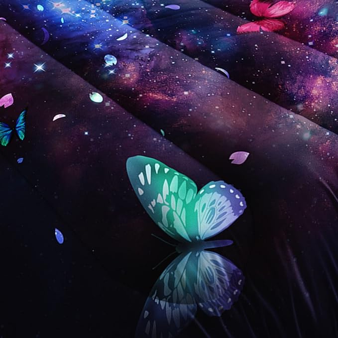 Datura home Butterfly Comforter Set for Girls Women,Colorful Butterflies in Space Galaxy Printed Black Bedding Set with 2 Pillowcases(Butterfly Galaxy Queen)