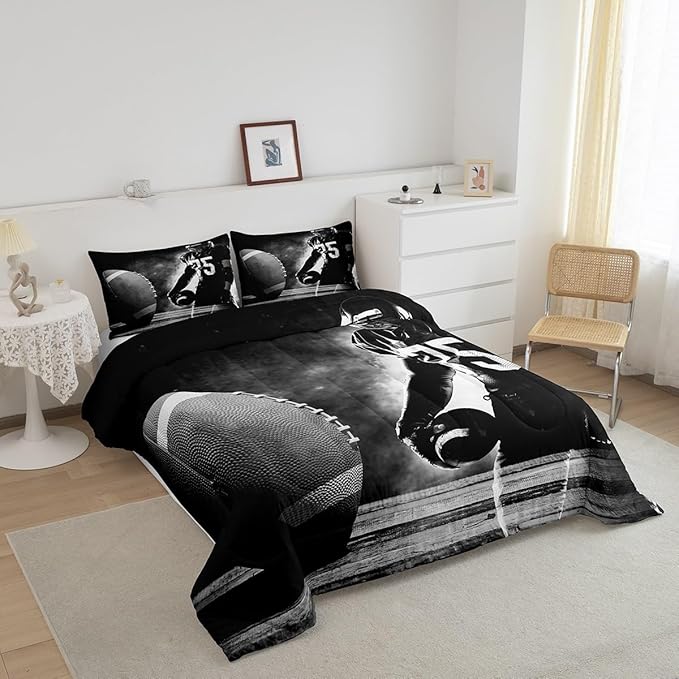 Erosebridal Football Down Comforter for Kids Boys Girls Teens Sports Theme Comforter Set Soccer Pattern Duvet Insert Football Match Bedding Set Youth Bedroom Decor Quilted with 2 Pillowcase,Queen