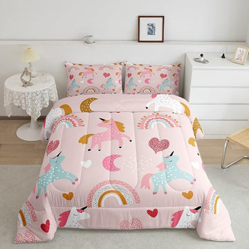 Feelyou Unicorn Comforter Set Kids Cute Cartoon Unicorns Decor Comforter for Girls Pink Bedding Set Rainbow Duvet Set Twin Size Quilt Boys