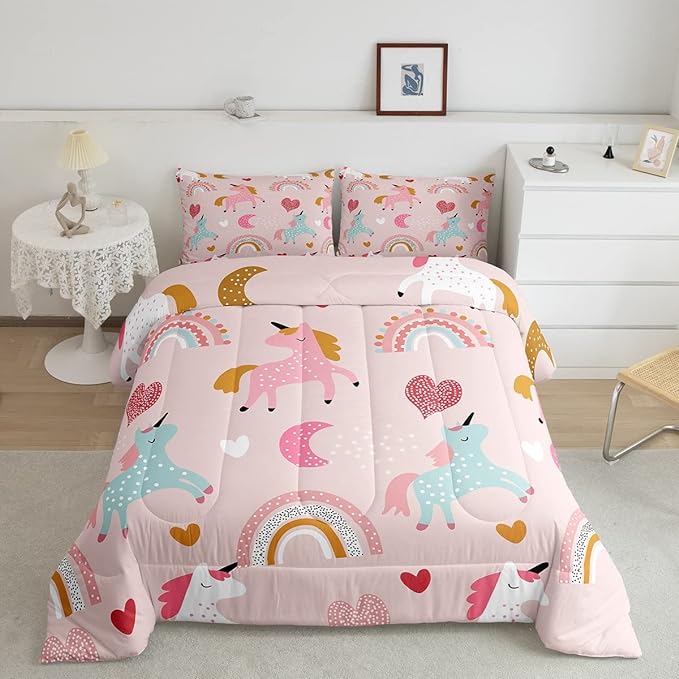 Feelyou Unicorn Comforter Set Kids Cute Cartoon Unicorns Decor Comforter for Girls Pink Bedding Set Rainbow Duvet Set Twin Size Quilt Boys