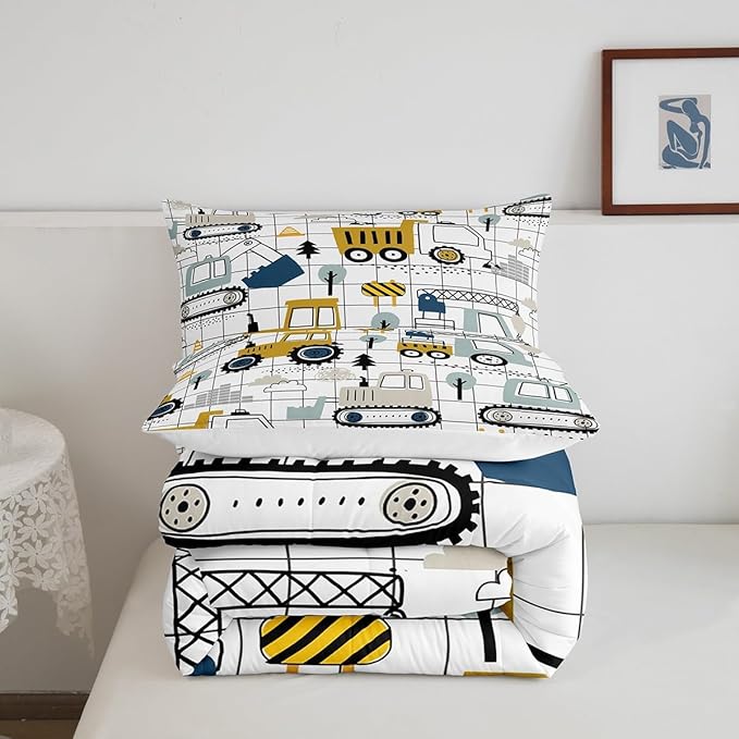 Feelyou Construction Comforter Set Full Size Kids Excavator Tractor Toddler Comforter Cartoon Car Equipment Trucks Plaid Grid Comforter Set Construction Vehicles WhiteDuvet Set Quilt Set