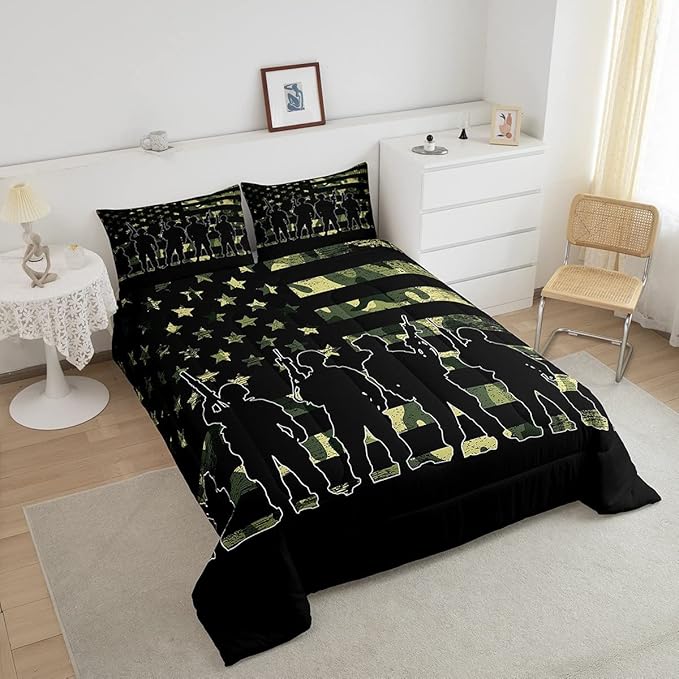 Erosebridal American Flag Camo Comforter Set King Size for Boy Teens Gilrs Kids ArmyGreen Camouflage Bedding Adult Men Soldier Silhouettes Quilted Duvet Military Style Camo Down Comforter