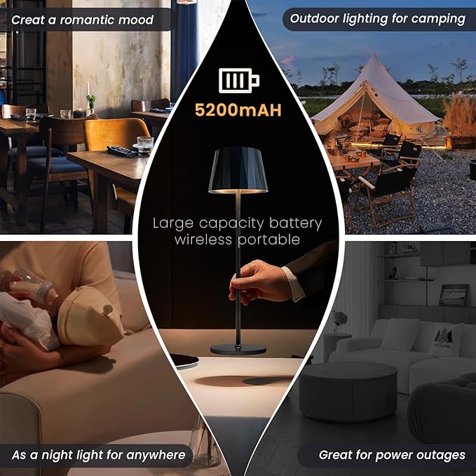 Modern LED Rechargeable Table Lamp,5200mAh Desk Lamp with Stepless Dimming, Touch Switch Cordless Waterproof Night Light for Bedroom Camping Restaurant Bar (Black, 3000K, Warm White)