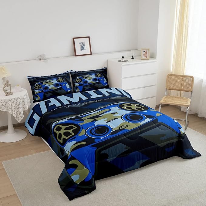 Feelyou Boys Gaming Comforter Set King Size Teens Gamer Bedding Set Retro Blue Camouflage Video Game Controller Comforter for Kids Decor Gamer Console Action Buttons Duvet Set Microfiber Boys
