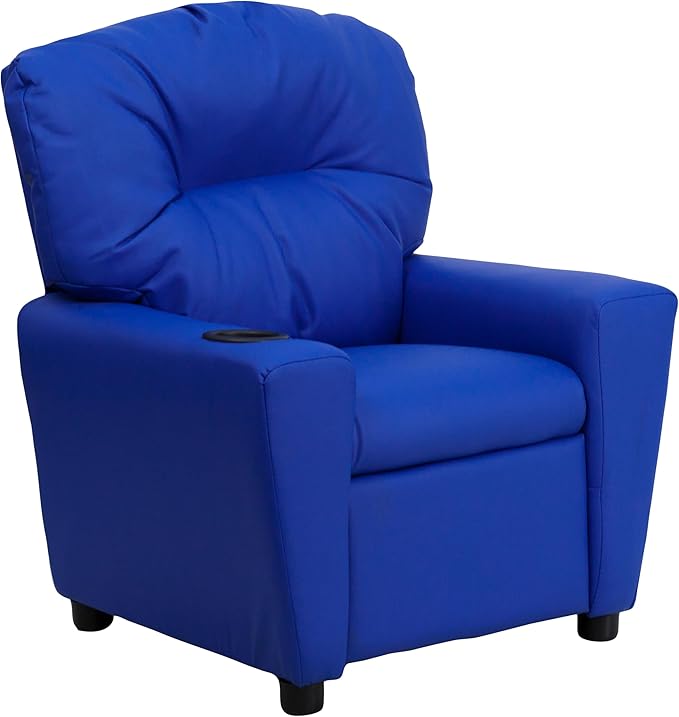 Flash Furniture Chandler Vinyl Kids Recliner with Cup Holder and Safety Recline, Contemporary Reclining Chair for Kids, Supports up to 90 lbs., Blue