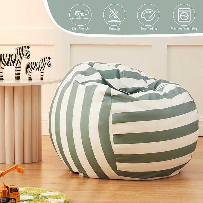 EXQ Home Kids Bean Bag Chairs Cover -Stuffed Animal Bean Bag Storage Green and White Stripes-Zipper Bean Bag for Organizing Children Plush Toys Holiday Gift for Girl,Boys (2XL)