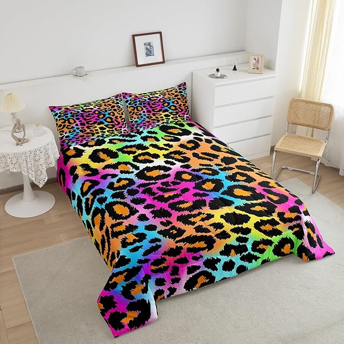Leopard Print Comforter Set for Girls Kids Women Neon Rainbow Leopard Fur Bedding Set Mottled Exotic Panthera Skin Comforter Room Decor Colorful Camouflage Safari Theme Duvet Set Full Size Quilt Set