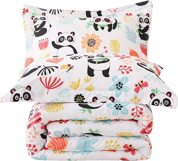 JSD Panda Flower Kids Comforter Set, 3 Pieces Queen Microfiber Comforter with Pillow Sham, Soft Comfortable Machine Washable