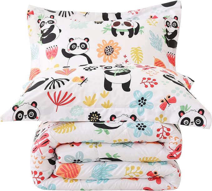 JSD Panda Flower Kids Comforter Set, 3 Pieces Queen Microfiber Comforter with Pillow Sham, Soft Comfortable Machine Washable