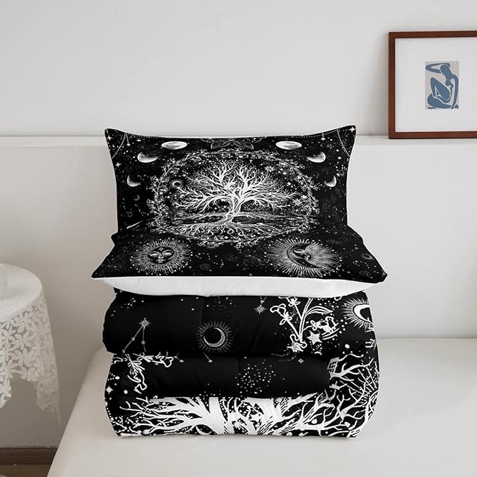 Feelyou Sun and Moon Comforter Bohemian Tree Butterfly Style Bedding Set Psychedelic Hippie Comforter Set for Boys Girls Children Teens Bedroom Decor Galaxy Astrology Duvet Set Twin Size