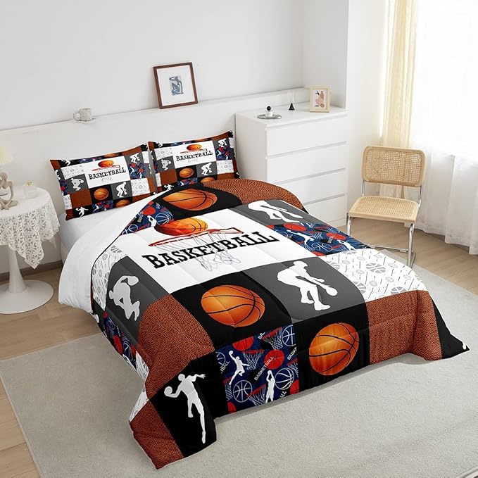 Basketball Twin Comforter Set For Boys Sports Bedding Set Basketball Athlete Bed Comforter Sets Patchwork Style Orange Black White Grey Soft Lightweight Quilt Duvet Insert 1 Pillow Case Room Decor