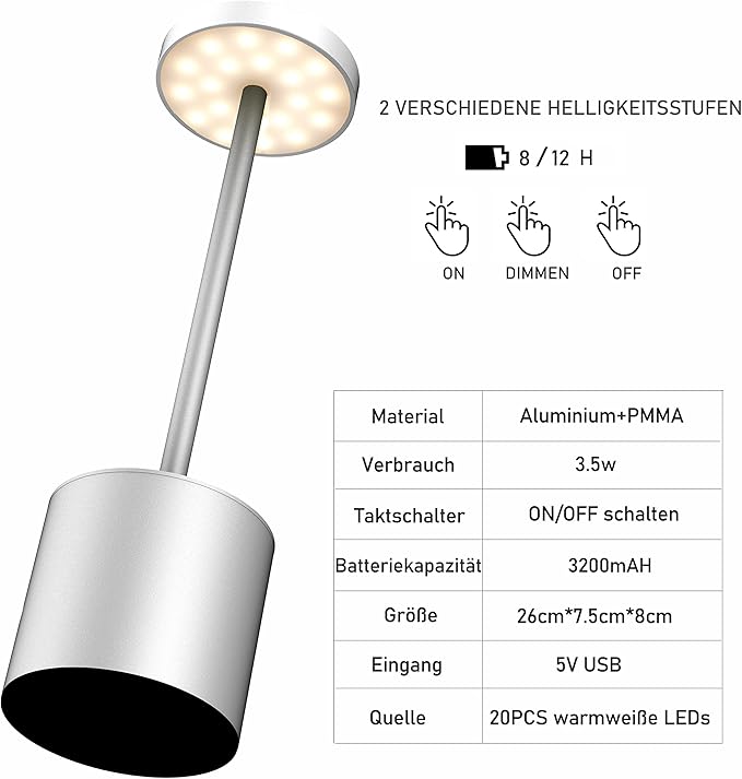 CYOIDAI LED Table Lamp, 2 Pack Rechargeable Battery with Cordless Desk Lamps 3 Lighting Modes Dimmable Light 5000 mAh, for Restaurant, Terrace, Outdoor (Silver)