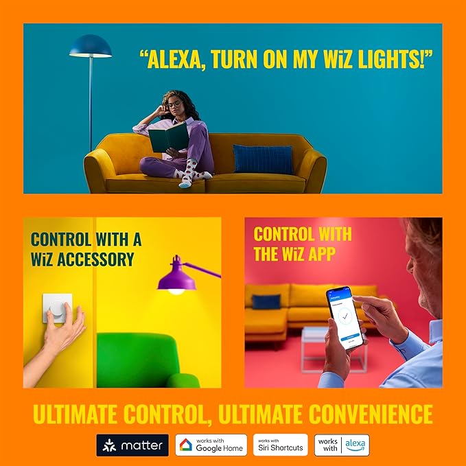 WiZ 65W BR30 Color LED Smart Bulb - Pack of 4 - E26- Indoor - Connects to Your Existing Wi-Fi - Control with Voice or App + Activate with Motion - Matter Compatible