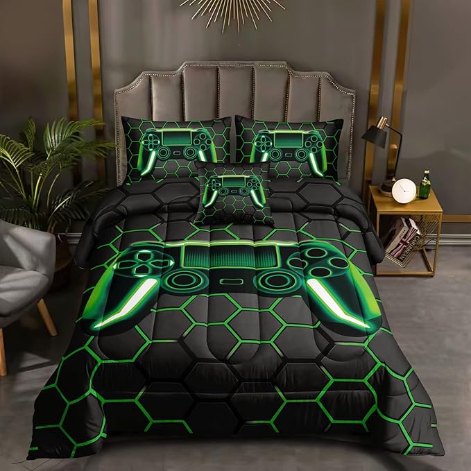 6 Pieces Gaming Bedding Set for Boys Gamer Comforter Set Queen Size,Video Game Comforter for Kids Adult 3D Gaming Geometric Microfiber Bedding Sets 6 Pieces Bed in A Bag Sets H50021,Queen