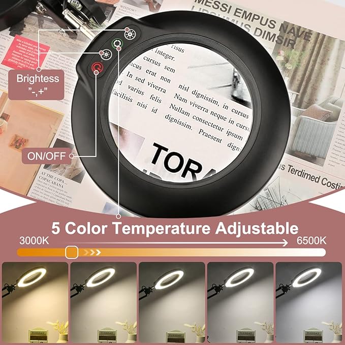 Veemagni 8X Magnifying Glass with Light, 5 Color Modes Stepless Dimmable, Adjustable Swing Arm LED Lighted Desk Lamp with Clamp, Hands Free Magnifier with Light and Stand for Craft Hobby Close Works