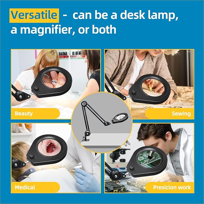 Magnifying Lamp, 10X Illuminated Magnifier Lamp with Internal Spring Swing Arm and Desk Edge Clamp