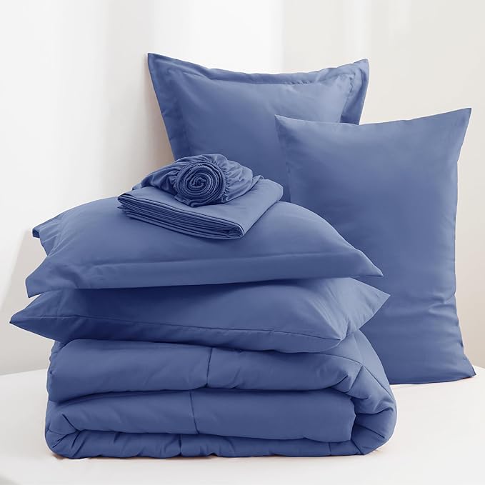 Bedsure Infinity Blue Full Size Comforter Set - 7 Pieces Solid Full Bed in a Bag, Full Bed Set Infinity Blue with Comforters, Sheets, Pillowcases & Shams