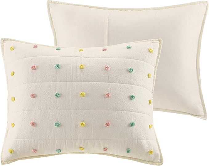 Quilt Set Cotton Jacquard Weave Colorful Poms Accent All Season Shabby Chic Bedding Coverlet Bedspred, Girls Bedroom Décor, Twin, Multi 4 Piece XL
