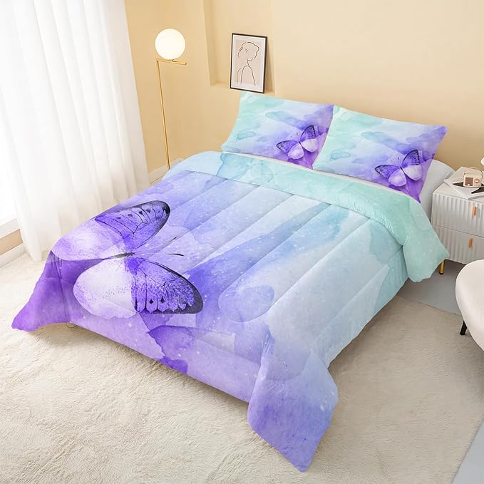 Butterfly Comforter Queen Size,Watercolor Butterfly Kids Comforter Set,3Pcs Bedding Set Printed Comforter with 2 Pillowcases,Down Alternative,Soft and Lightweight,for All Seasons