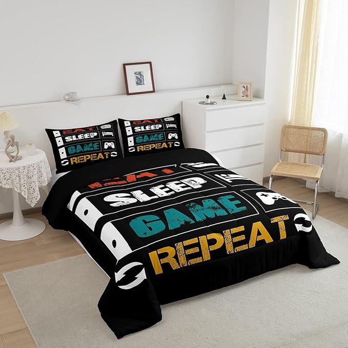 Gamer Comforter Set Full Gaming Bedding Set for Boys Teens Girls Kids Video Games Controller Comforter Funny Creative Eat Sleep Game Repeat Design Reversible Down Comforter for All Season Room Decor