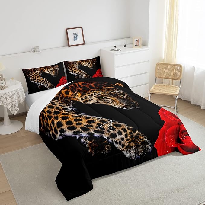 Erosebridal Red Rose Cheetah Comforter Set Full Size Leopard Print Comforter Rose Flower Down Comforter for Kids Boys Girls Youth Men Women African Savanna Wildlife Animal Theme Duvet Set, Red Black