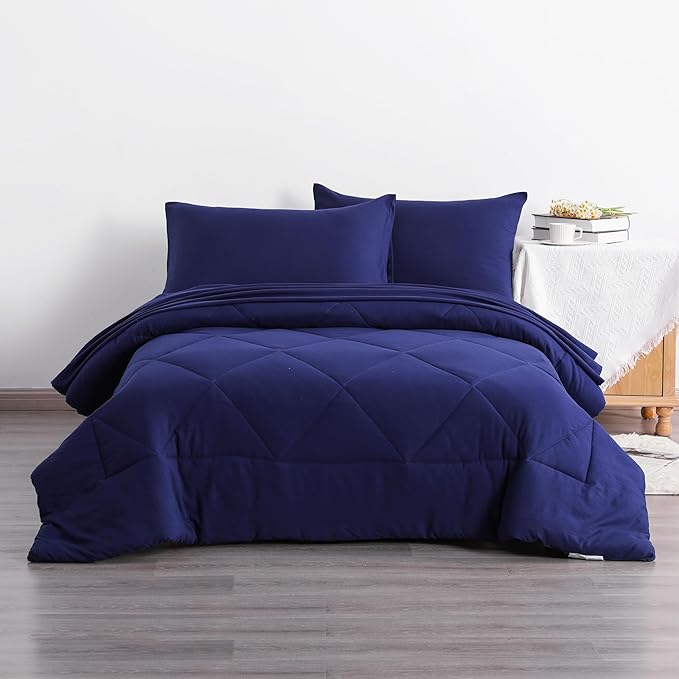NTBAY Twin Comforter Set with Sheets, 5 Pieces Soft and Breathable Twin Bedding Set, Twin Bed in a Bag, Down Alternative Comforter Set Solid Color All Season, Kids Bedding Set, Navy Blue